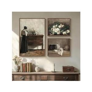 Large Framed Vintage Canvas Wall Art Sets, 3 Piece Farmhouse Prints Painting, Retro Rustic Brown Picture Artwork Decor for Living Room Bedroom and Dining Room