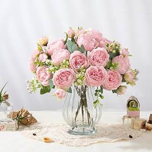 Domensi 6 Sets Wedding Floral Centerpiece for Table Decor, Artificial Peonies Silk Flowers Bouquet with Flower Foam and Metal Vase Faux Floral Arrangement for Bridal Shower Tea Party (Blush Pink)