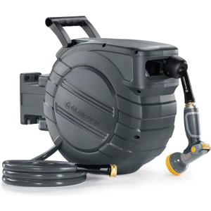 Retractable Garden Hose Reel 5/8 in x 90 ft, 2025 Upgraded Dual Ratchet Lock UV & Freeze Protection Brass Seal Slow Retraction Anti-Tangle Hose 180Swivel Reinforced Scaffold Wall Mount (Dark Gray)