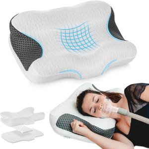 Elviros Cervical Neck CPAP Pillow for Sleeping, Ergonomic Adjustable Height Neck Support Memory Foam Bed Pillow for CPAP Users with Sleep Apnea, Suitable for Side and Back Sleepers (White)