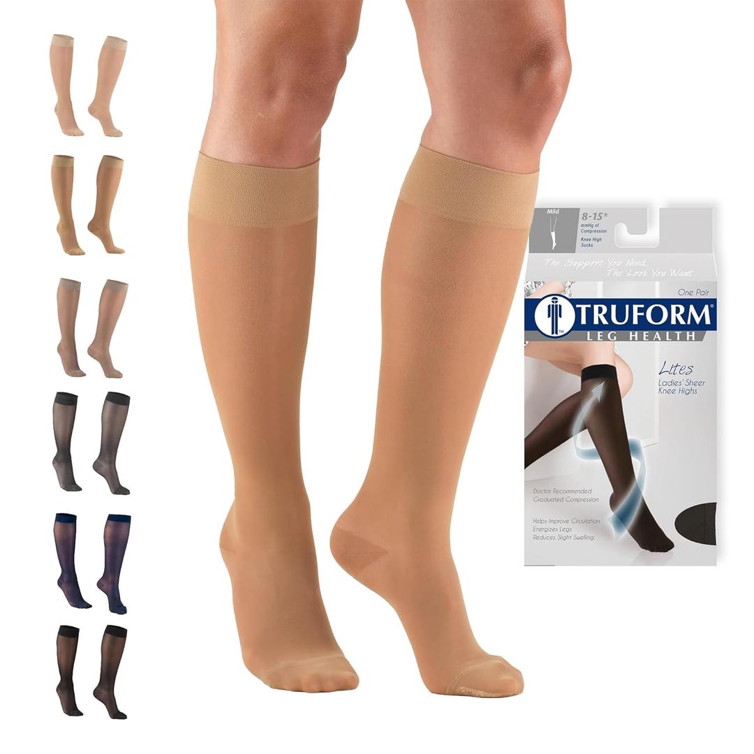 Truform Sheer Compression Stockings, 8-15 mmHg, Women's Knee High Length, 20 Denier, Beige, Large