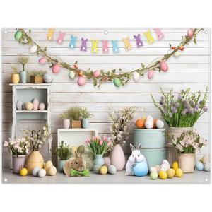 8x6ft Fabric Easter Photography Backdrop Spring Colorful Eggs Rabbit Rusitc Wooden Wall Background Floral Bunny Party Decorations Portrait Photo Banner