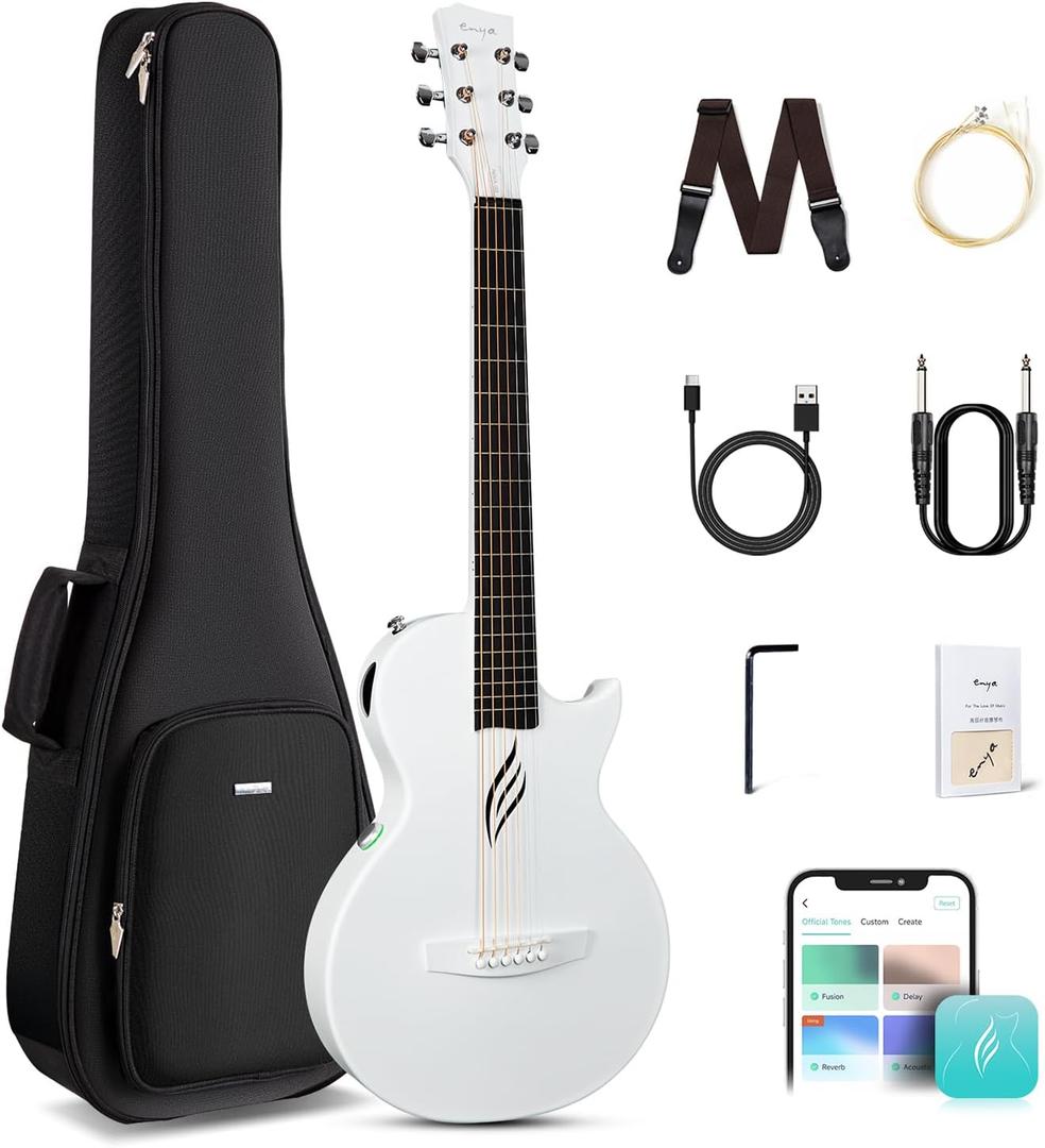 Enya NOVA GO SP1 Carbon Fiber Travel Guitar - 35" Acoustic Electric with Smart AcousticPlus Technology, Built-in Effects, USB Recording, Bluetooth Speaker, Beginner Bundle with Gig Bag & Accessories