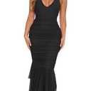 HOT ROEE Women's Sexy V Neck Tie Halter Mesh Ruffle Hem Ruched Bodycon Cocktail Party Maxi Dresses Black X-Large