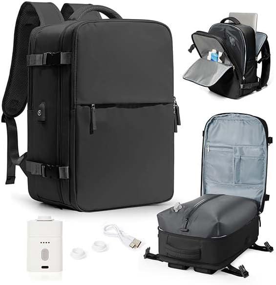 WONHOX Vacuum Seal Travel Backpack with Air Pump Compression Vacpack Waterproof Carry On Backpack for Travel Women men with Vacuum System Laptop Airlines Approved Daypack Space Saver Bags Black