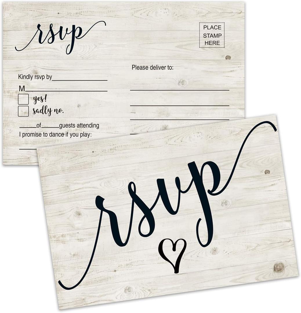 50 RSVP Postcards, RSVP Cards, Rustic Blank Response Cards for Wedding, Birthday, Bridal Shower, Baby Shower Party, 4x6 Inches