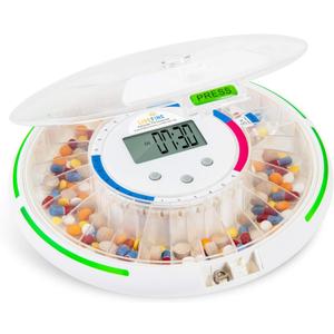 Live Fine Automatic Pill Dispenser with 28-Day Electronic Medication Organizer, 6 Dosage Templates, Easy-Read LCD Display, Sound & Light Alerts & Key for Prescriptions, Vitamins, Supplements & More (Frosted Lid)