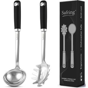 Stainless Steel Soup Ladle and Spaghetti Spoon Set, Heat Resistant Rubber Handle, Dishwasher Safe, Kitchen Utensils for Cooking, Stirring, Serving Pasta, Soup & Sauce