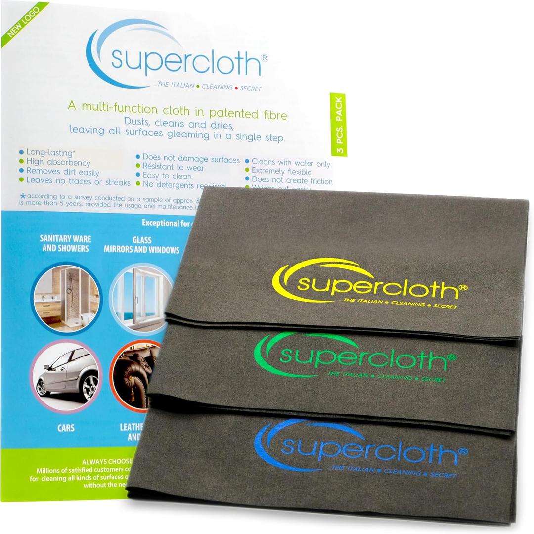 Supercloth Premium Microfiber Cleaning Cloth for All-Purpose, Lasts Over 5 YEARS, Glasses Cleaning Cloth, Microfiber Cleaning Cloth for Cars, Magic Reusable Cloth Streak-Free 100% Made in Italy (3pk)