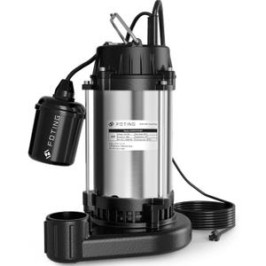 FOTING 1HP Submersible Sump Pump Cast Iron and Stainless Steel, 6000 GPH Sewage/Effluent Pump, 115V Automatic Tethered Float Switch, Septic Pumps for Basement, Septic Tank, Basin, Sewage System