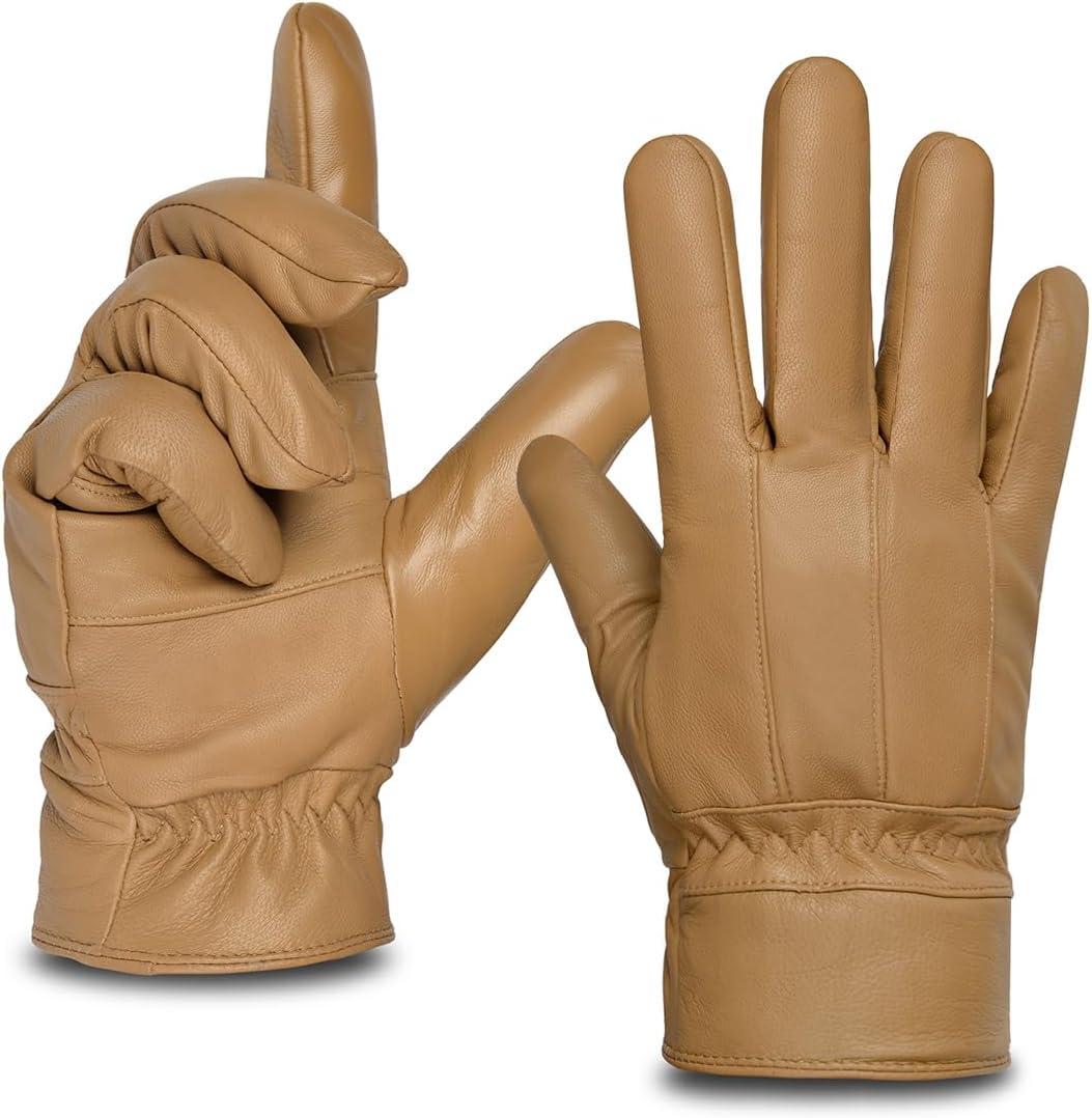 Harssidanzar Men's Leather Gloves Sheepskin Touchscreen Texting Warmth Fur Lined Winter Driving Leather Gloves SM043US (Camel)