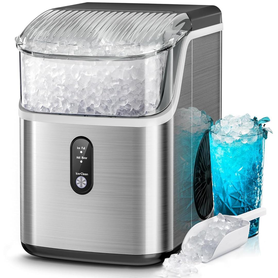 Kismile Nugget Ice Makers Countertop,Portable Ice Machine with Crushed Ice, 35lbs/Day,Self-Cleaning,One-Click Operation for Home Use(Silver)