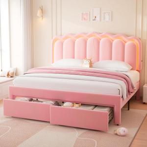 Velvet Upholstered King LED Bed Frame with 2 Storage Drawers and Adjustable Chic Double Wavy Headboard, Princess Platform Bed with Charing Station, Solid Wood Slats Support,No Box Spring Needed,Pink