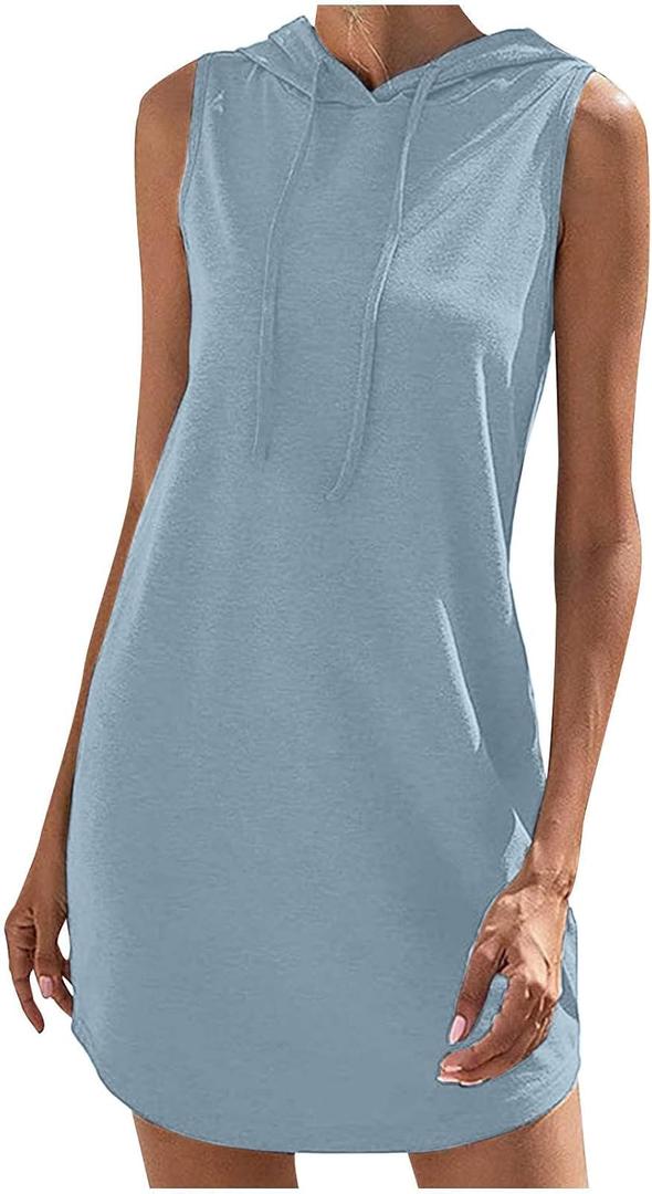 Womens Drawstring Solid Sweatshirt Dress Solid Casual Short Sleeveless Hoodie Mini Dress Summer Sports Loose Dresses, Small