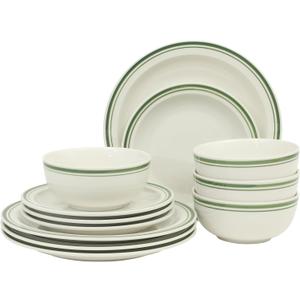 Gibson Home Hometown Diner 12-Piece Porcelain Dinnerware Set, Round Plates and Bowls Set for 4, White with Green Rim, Dishwasher Safe Dinner Plate, Salad Plate & Cereal Bowl