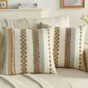 FUTEI Pack of 2 Boho Chenille Decorative Throw Pillow Covers 18x18 Inch Soft Tufted Striped Textured Cushion Case,Farmhouse Accent for Couch Bed Living Room, Khaki