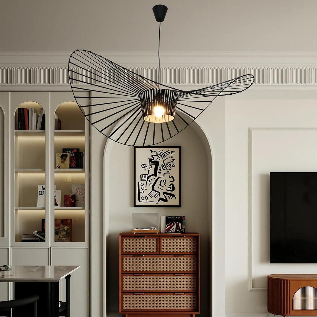 Modern Black Woven Chandelier, 47.2" Farmhouse Coastal Hat Pendant Light Fixtures Matte Black Handwoven Shade Boho Pendant Hanging Lamp for Kitchen Dining Room Bedroom Foyer Hallway