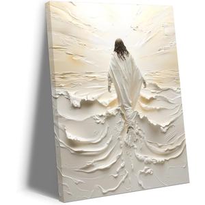 Jesus Walking on Water Wall Art, Christian Wall Decor Pictures, Divine Light Canvas Painting Modern Religious Bible Poster Prints for Living Room Bedroom Church Home Decoration 12x16 in Framed