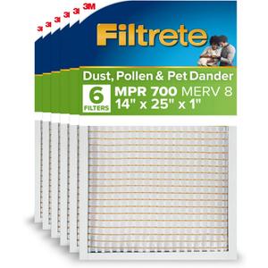 Filtrete 14x25x1 AC Furnace Air Filter, MPR 700, MERV 8, Tough on Pollen, Easy on Airflow, 3-Month Pleated 1-Inch Electrostatic Air Cleaning Filter, 6-Pack (Actual Size 13.81 x 24.81 x 0.81 in)