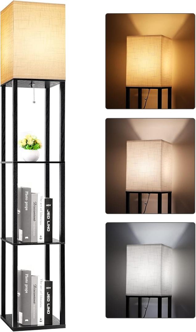 RUNTOP Floor Lamp with Shelves, Shelf Lamp with 3 Color Temperature LED Bulb,Floor-Lamp for Living Room, Modern Tall Standing Display Shelf Floor Lamps for Bedroom, Office (Black)