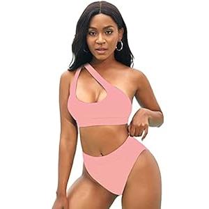 NAFLEAP One Shoulder Cutout Bikini Set for Women High Waisted Bottom Swimsuit Two Piece Bathing Suit, L