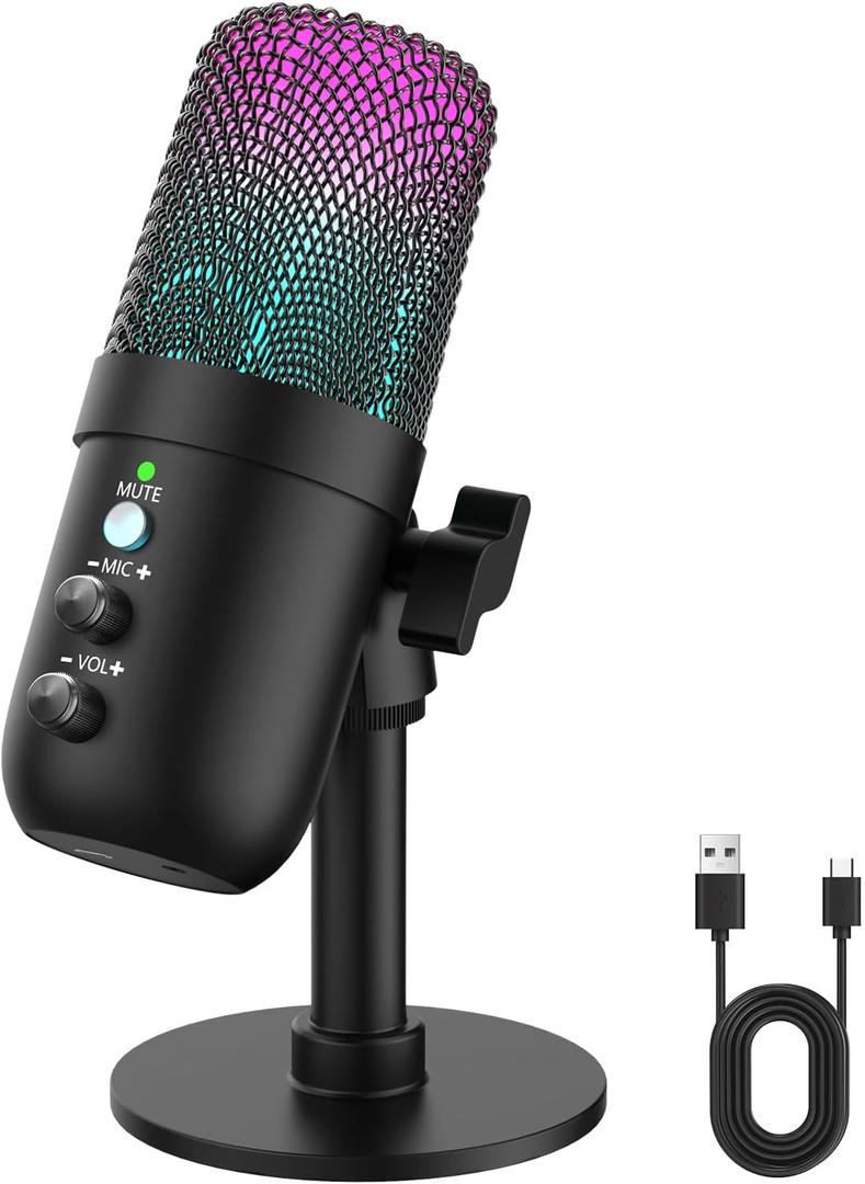 USB Microphone, Computer Condenser Mic with Noise Cancellation, Echo Mode, RGB Lighting, Mute Button, Plug & Play Gaming Mic for PC, Mac, PS5, Streaming, Recording, Podcasting & Online Meetings (Black)