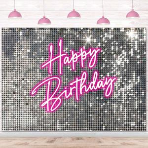 Sensfun Glitter Pink Neon Happy Birthday Backdrop Silver Sequins Girls Women Birthday Decorations Banner Shiny Shimmer Wall Photography Background Bday Party Decor Photo Booth Props 7x5ft
