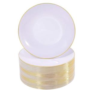 Nervure 100Pieces White with Gold Rim Plastic Plates - 7.5inch Disposable Gold Salad/Dessert Plate - White and Gold Plastic Plates Ideal for Wedding & Party