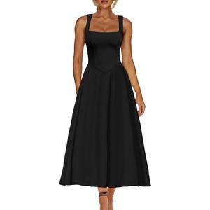 Kaximil Women's Square Neck Sleeveless A Line Maxi Dress Smocked Ruffle Flowy Casual Long Dresses (Small, Black)