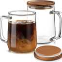 Glass Coffee Mugs, 16 oz Glass Coffee Cups with Acacia Wood Lids, Clear Borosilicate Glass Mugs with Handles for Cappuccino, Tea, Latte, Hot/Cold Beverages, Wine, Americano, Set of 2