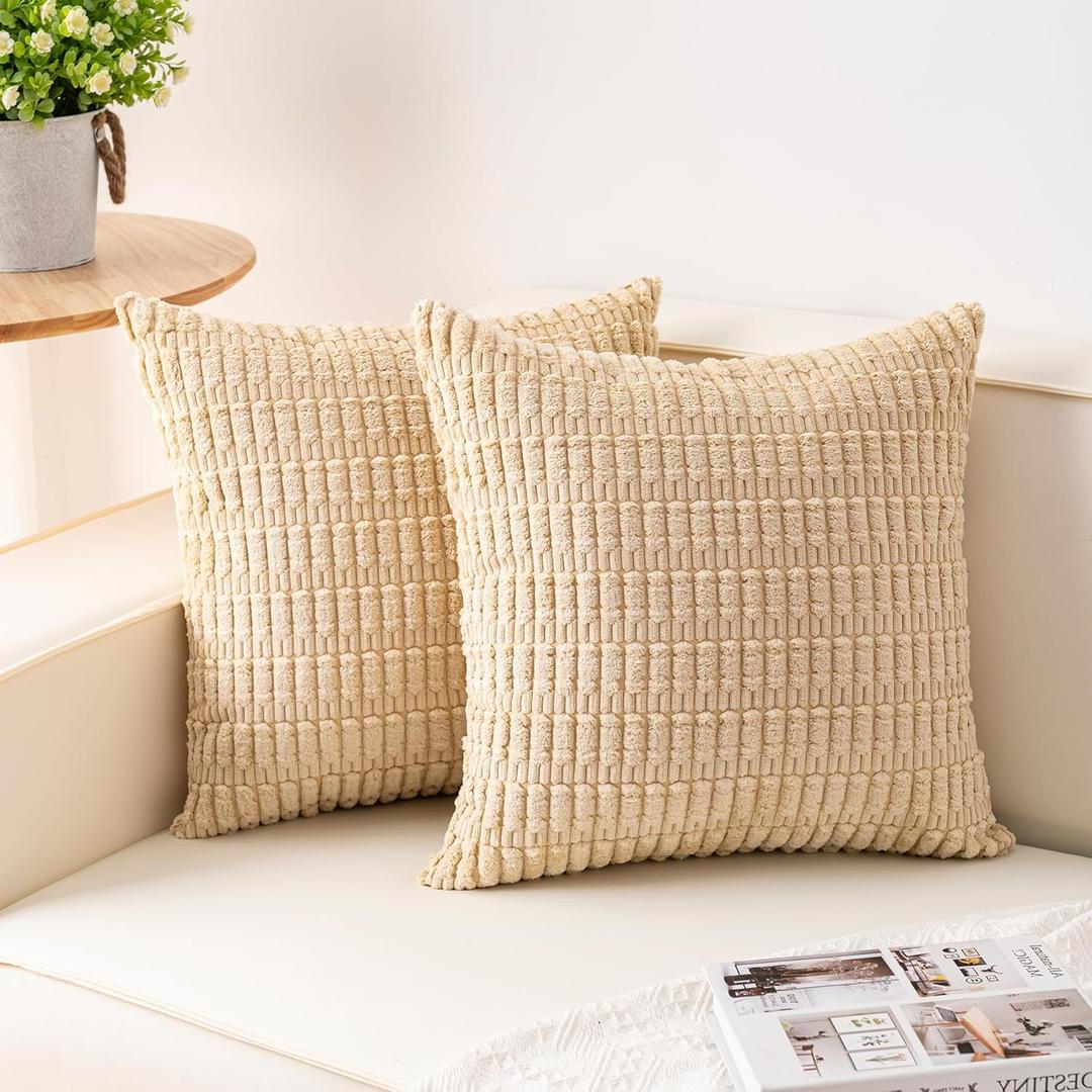 Aegero Pack of 2 Corduroy Decorative Throw Pillow Covers 18x18 InchSoft Boho Striped Pillow Covers Modern Farmhouse Home Decor for Sofa Living Room Couch Bed(Beige)