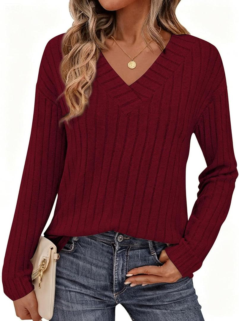 PRETTYGARDEN Fall Fashion 2026 Long Sleeve Shirts for Women Ribbed Knit V Neck Dressy Casual Lightweight Sweaters Tunic Tops (Red, S)