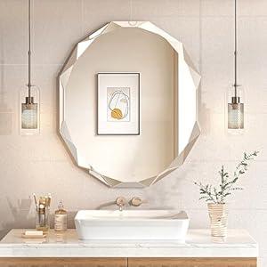 MUAUSU Beveled Edge Frameless Mirrors for Bathroom Sink 36'' X 30'' Oval Vanity Mirror Wall Mounted Scalloped Bathroom Mirror Horizontal/Vertical, Rectangle, MU2913-3