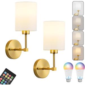 Battery Operated Wall Sconce Set of Two,Wireless Rechargeable Wall Light With Remote Control, Dimmable, 1800K/3000K/4000K/6000K/RGB, Timer, for Living Room, Bedroom, Fireplace, TV, 13.5 Inch, Gold