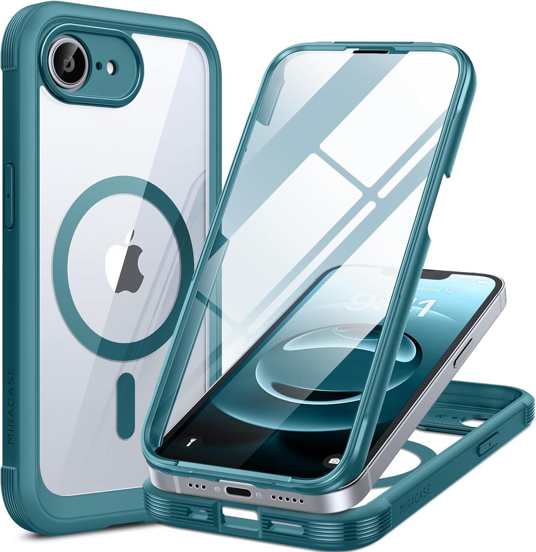 Miracase for iPhone 17e Case & iPhone 16e Case, Full-Body Phone with Built-in Glass Screen Protector, [Magnetic with MagSafe] Military Drop Proof 17 E/ 16 E Cover Bumper 6.1 inch, Green