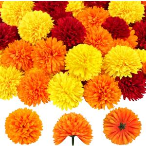 40Pcs 2.75'' Marigold Flowers Heads Bulk, Silk Marigold Artificial Flowers for Diwali Home Decor DIY Wreath Garland Craft Baby Shower Wedding Mexican Party Decoration Halloween New Year DecorMix-1