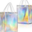 Nush Nush Iridescent Gift Bags Medium Size - Set of 12 Reusable Holographic Gift Bags with Handles - Goodie Bag for Birthdays, Bachelorette, Weddings, Holidays, Valentines, Events - 8"W x 4"D x 10"H