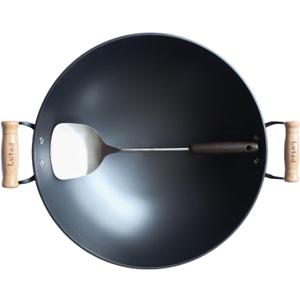 Chinese woks with a lid and a Spatula stir-fry pans deep fryer Cast Iron 16 Inches round bottom pot Uncoated for Open Fire not easy to rust not easy to stick and durable for about 4-8 people