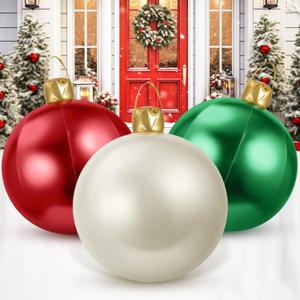 Jetec 3 Pcs 17" Christmas Inflatable Ball Ornament with Glitter Cloth Cover, Large PVC Xmas Blow Up Ornaments Holiday Blow Ball for Yard Outdoor Lawn Porch Decorations (Red,Green,White)