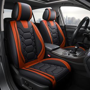 OASIS AUTO Car Seat Covers Full Set, Sporty Faux Leather with Honeycomb Pattern, Waterproof Universal Fit for SUV, Sedan, Pick-up Truck, Automotive Interior Accessories (OS-004 Black&Orange)