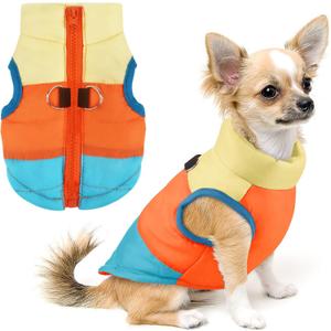 Idepet Pet Dog Cat Coat with Leash Anchor Color Patchwork Padded Puppy Vest Jacket Teddy Chihuahua Costumes Pug Cloth XS S M L (X-Large, Sky Blue) (XL(Chest-19.5",Neck-13"))