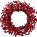 22" Red Berry Christmas Wreaths for Front Door, Outdoor Xmas Cranberry Wreath, Holly Wreath Winter Holiday Door Reef Decor for Farmhouse Front Porch Wall Window