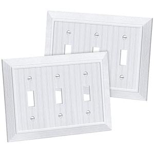 CML Classic Triple Toggle Switch Wall Plate, 3-Gang Outlet Cover, 2 Pack, Vintage Retro Wood Grain Design Beadboard Wallplate, Impact Resistant, Standard Size 6.87”X 4.87”, White