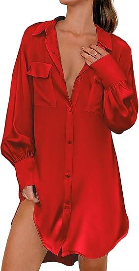 Ekouaer Satin Nightgown for Women Button Down Silk Sleepshirts Sexy V Neck Night Gown Long Sleeve Night Shirts XL, Red