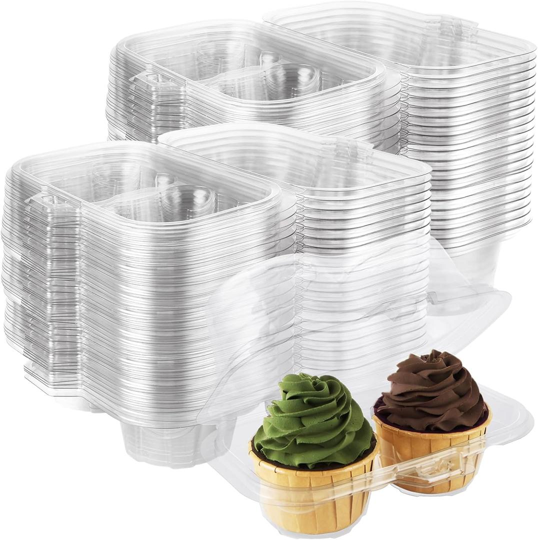 100PCS Cupcake Containers 2 Pack, Plastic Cupcake Holders 2 Clear Cupcakes Boxes 2 Count Cupcake Containers with Lids, Cupcake Carrier for Cake Store and Bakery