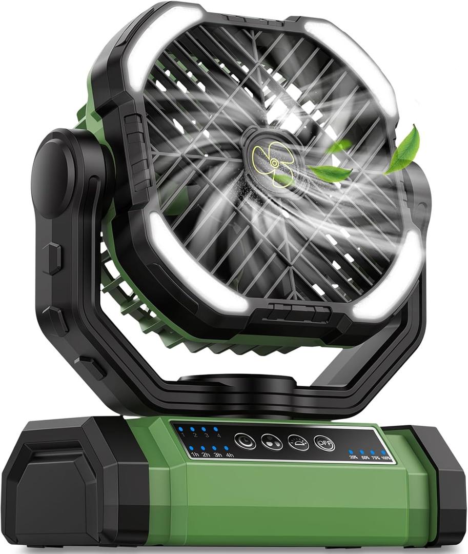 Camping Fan Rechargeable, 270Rotation Battery Powered Fans, Rechargeable Fan Portable with LED Light, 4-Speed Cordless Battery Operated Fans with Hanging Hook for Camping Tent Beach Outdoor - Green