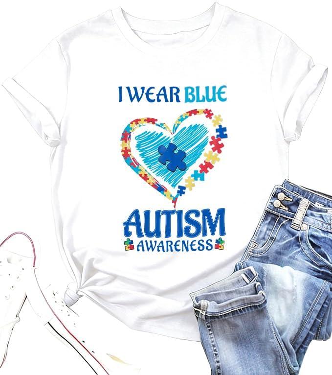 Autism Awareness Shirt Women Blue Ribbon T-Shirt I Wear Blue Tshirt Autism Support Tee Causal Short Sleeve Tee Tops, XXL