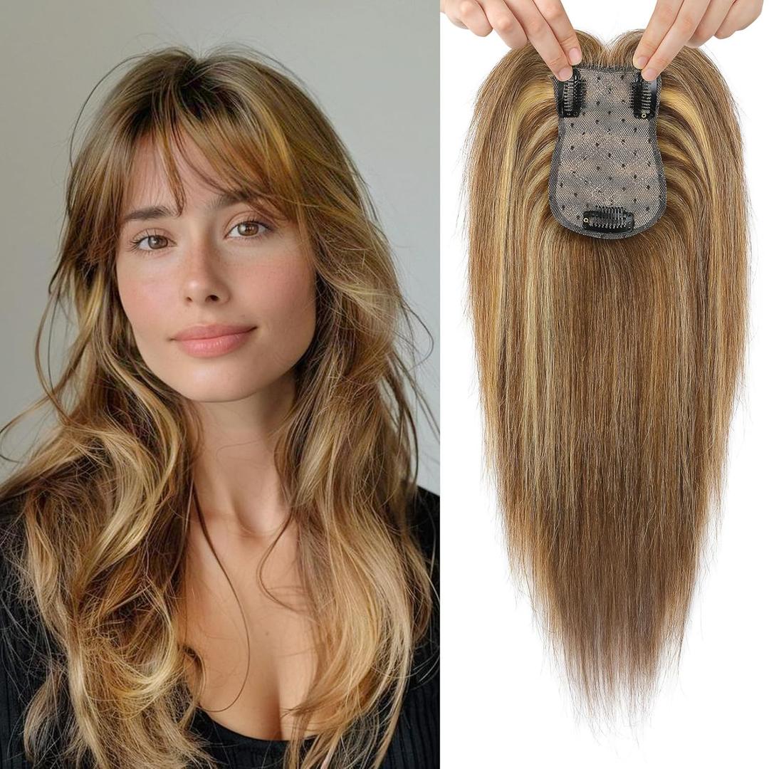 Flufymooz 100% Real Human Hair Toppers, 12 Inch Human Hair Toppers for Thinning Hair Large Hand-woven Area 360 Coverage Natural Hairpiece Wiglet for Women 5"x3" Silk Base (Medium Brown with Blonde)