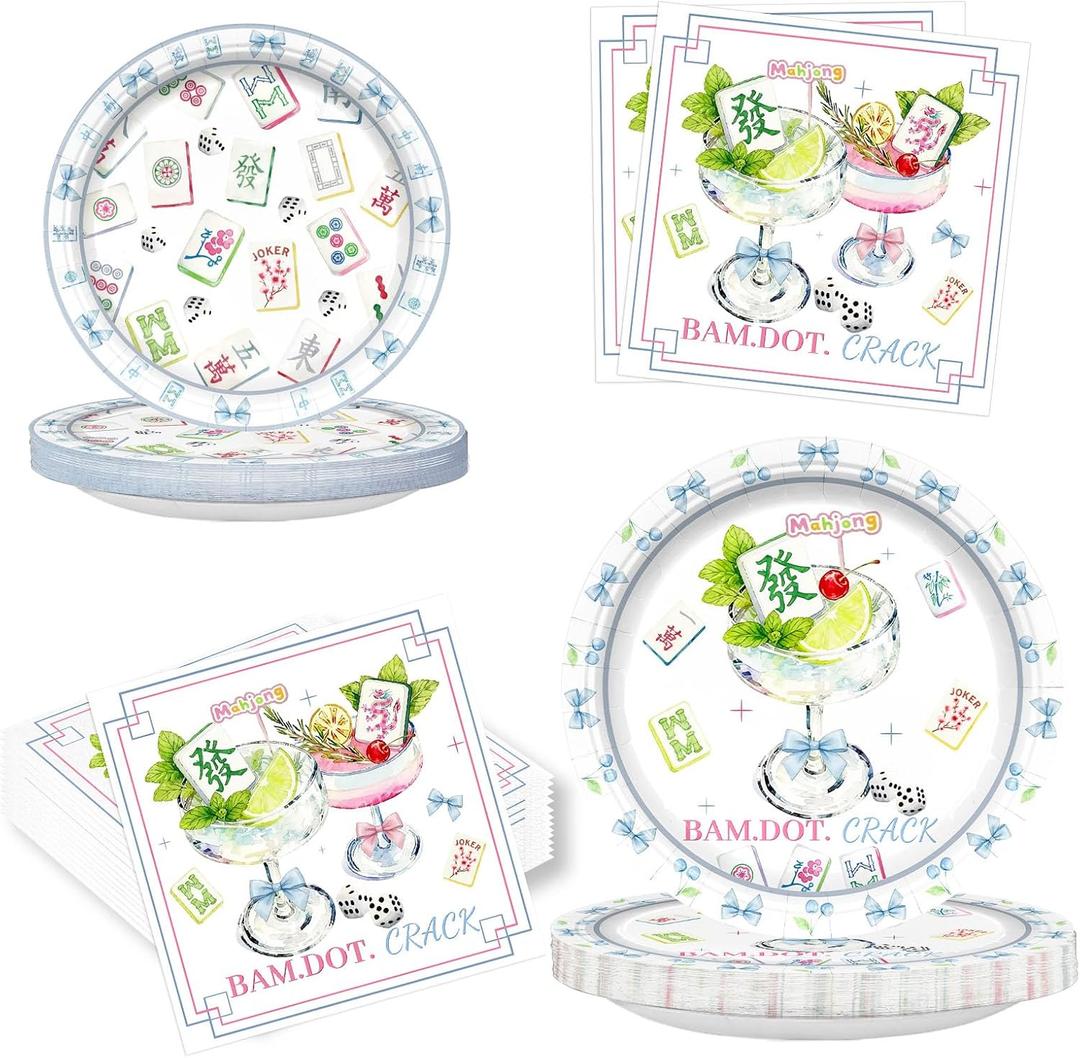 100pcs Mahjong Party Plates and Napkins Set, Blue Pink Bows Mahjong Cocktail Disposable Tableware Supplies for Gift Wedding Bridal Shower Birthday Game Night