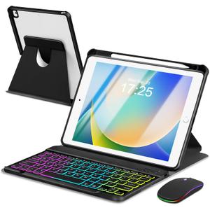 Case with Keyboard Mouse for iPad 9th 8th 7th Generation 10.2 inch,7 Rainbow Backlit Detachable Wireless Keypad Rotatable Magnetic Cover with Pencil Holder for iPad Air 3rd Gen/Pro 10.5 Black